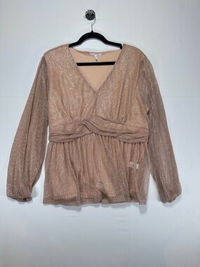 Maurices Champagne Metallic Shimmer Blouse Twist Front Peplum Romantic Top XL